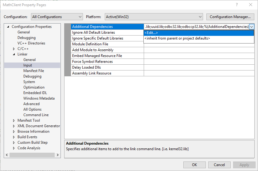 Screenshot of the Property Pages dialog showing the Edit command in the Linker > Input > Additional Dependencies property drop-down.