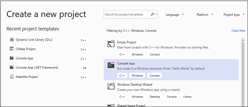 Screenshot showing the Create a new project dialog with the Console App template selected.
