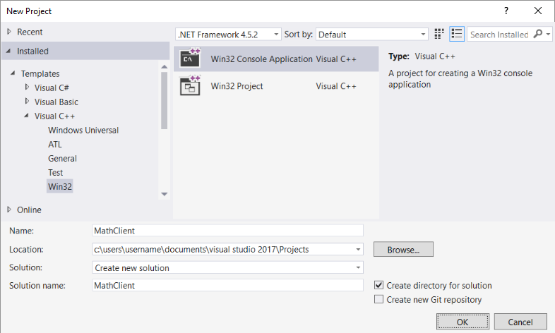Screenshot of the New Project dialog box with Installed > Templates > Visual C plus plus > Win32 selected, Win32 Console Application Visual C plus plus highlighted, and Math Client typed in the Name text box.