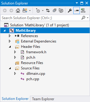 Screenshot of the Visual Studio 2019 Solution Explorer window with the Math Library highlighted.