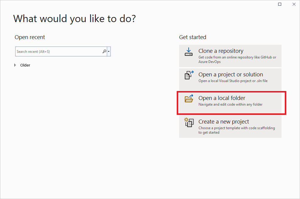 Screenshot of the first dialog that opens when Visual Studio is started.