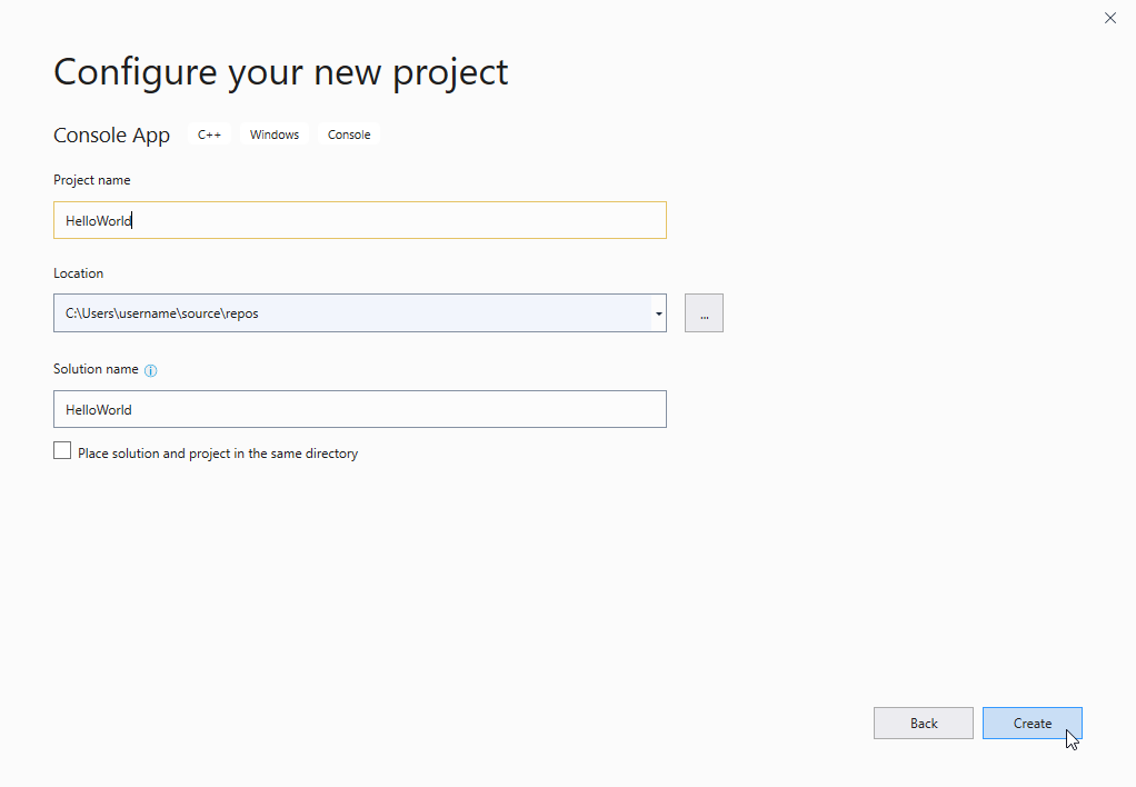 Screenshot of the Configure your new project dialog box with Hello World typed in the Project name text field.