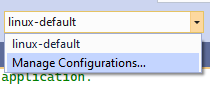 Screenshot of the Visual Studio active configure preset dropdown. Manage Configurations... is selected.