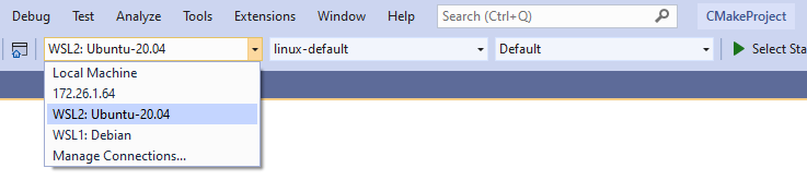 Screenshot of the Visual Studio target system dropdown. WSL2: Ubuntu-20.04 is the selected.