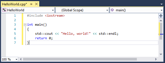 Screenshot of the Hello World code in the editor.