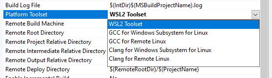 Screenshot of a Visual Studio dropdown with Platform Toolset selected, and to the right, another dropdown with WSL2 Toolset selected.