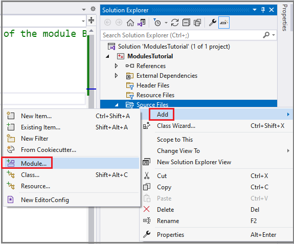 Add item dialog in solution explorer with Add > Module... highlighted to illustrate where to click to add a module.