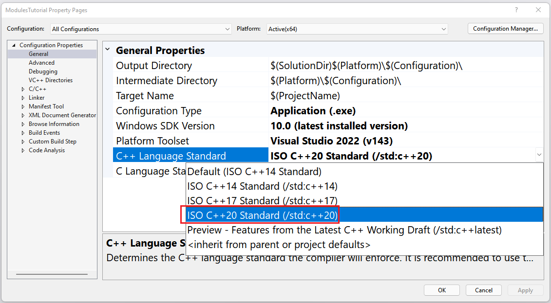 A screenshot of the ModulesTutorial property page with the left pane open to Configuration Properties > General, and the C++ Language Standard dropdown open with ISO C++20 Standard (/std:c++20) selected