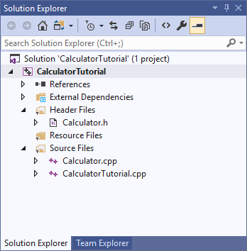 Screenshot of the Visual Studio 2019 Solution Explorer window displaying the Calculator Tutorial project.