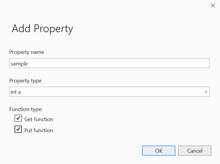 Screenshot of Add property wizard with the method name field set to sample and the property type set to int a