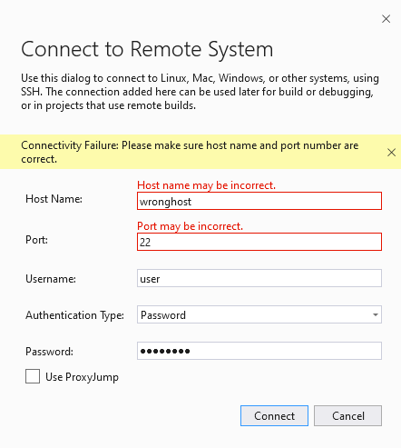 Visual Studio连接到远程系统窗口的屏幕截图。主机名和端口字段用红色标出，表示输入不正确。