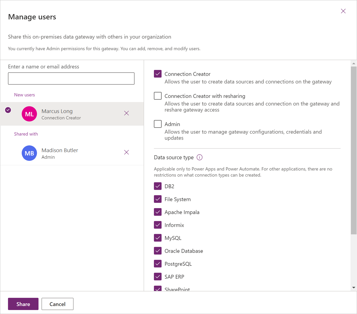 Image of the Manage users dialog box, with a new user emphasized, the Connection Creator role selected, and multiple data sources selected.