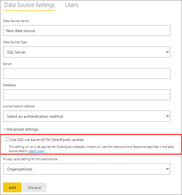 Screenshot of the data source settings page with Use SSO via Microsoft Entra ID for Direct queries emphasized.