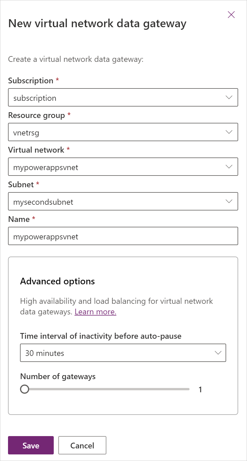 Image of the VNet data gateway form, with the Subscription, Resource group, Virtual network, Subnet, and Name entries filled in.