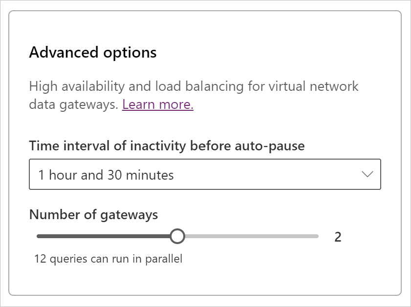 Image of the VNet gateway advanced options, with the Time interval set to 1 hour 30 minutes and the number of gateways set to 2.