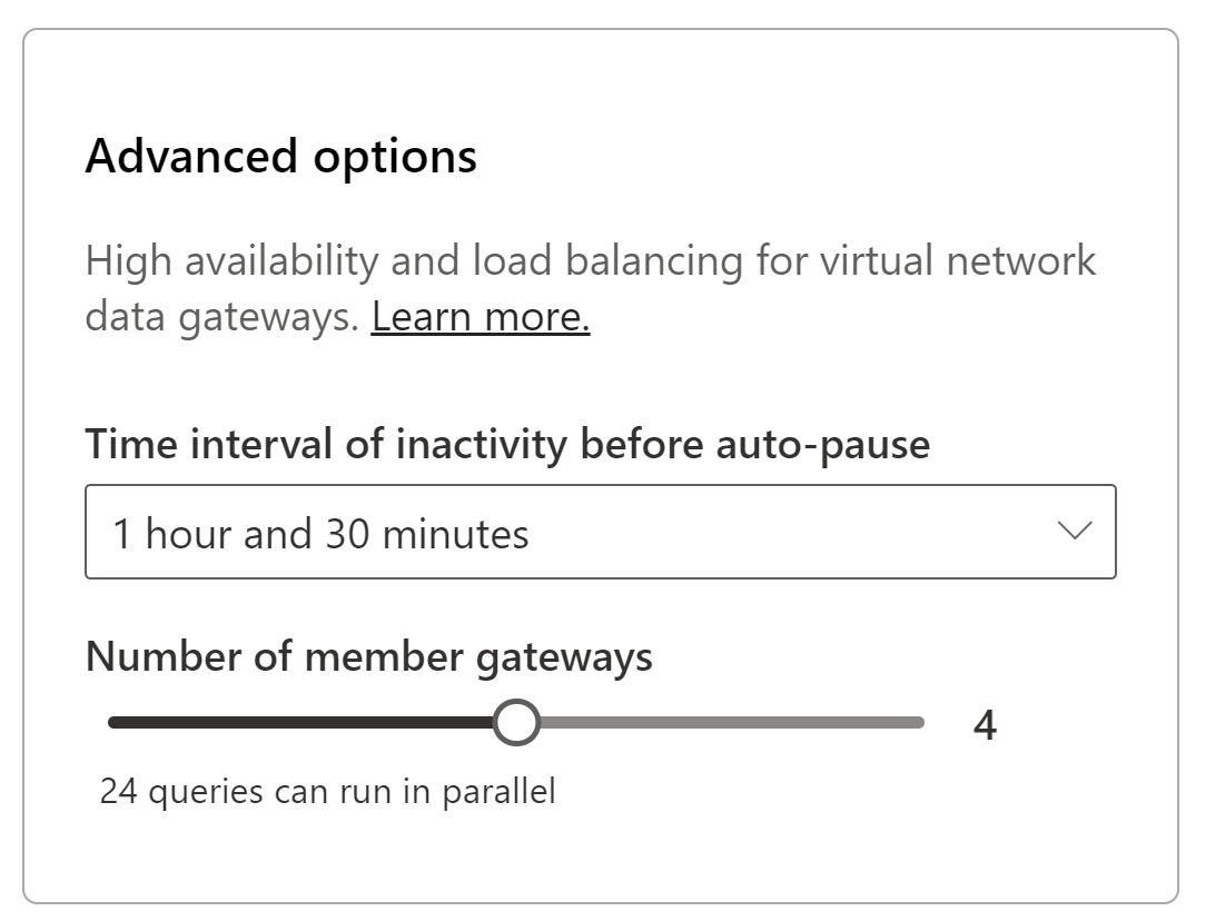 Image of the VNet gateway advanced options, with the Time interval set to 1 hour 30 minutes and the number of gateways set to 2.