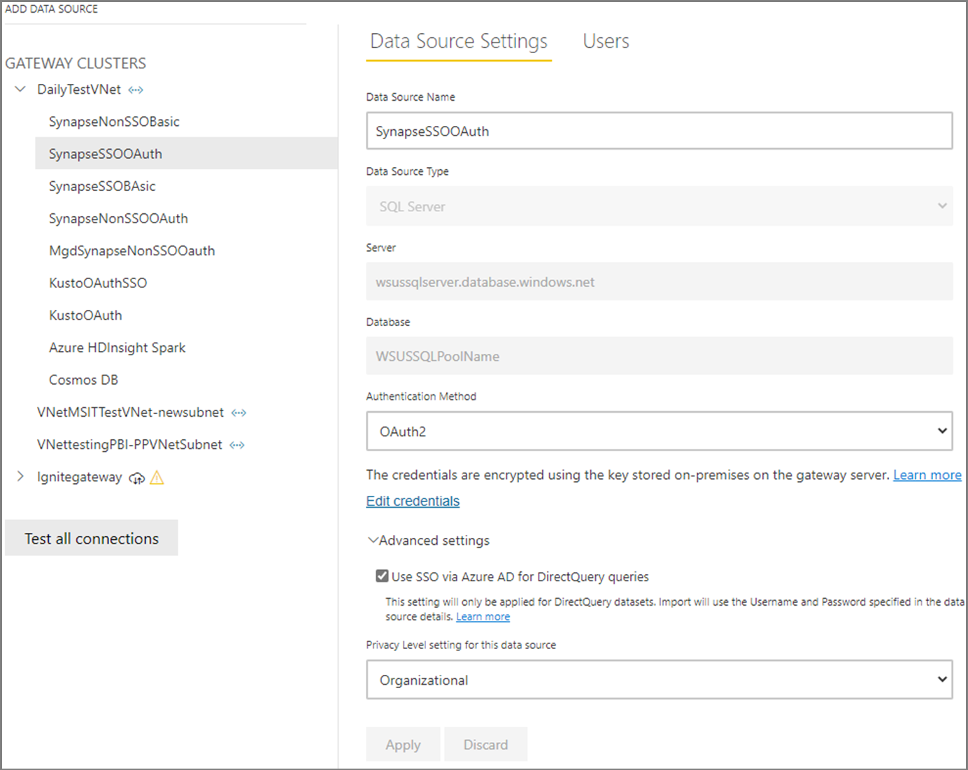 Screenshot of the Data Source Settings page with the data source settings filled out.