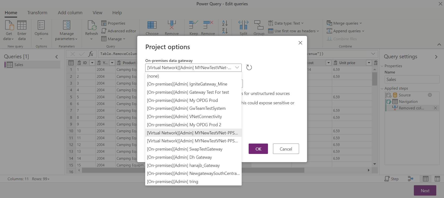 Screenshot showing the Power Query Project options dialog box that contains the VNet data gateway options you can change while editing your dataflow.