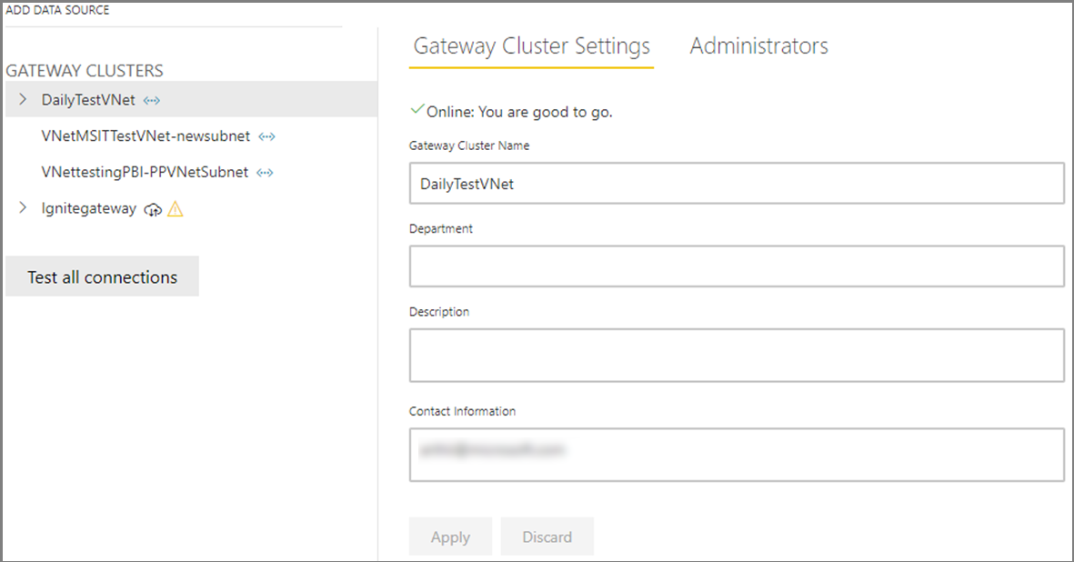 Screenshot of the Gateway Cluster Settings page with a virtual network gateway selected and the gateway's data displayed.