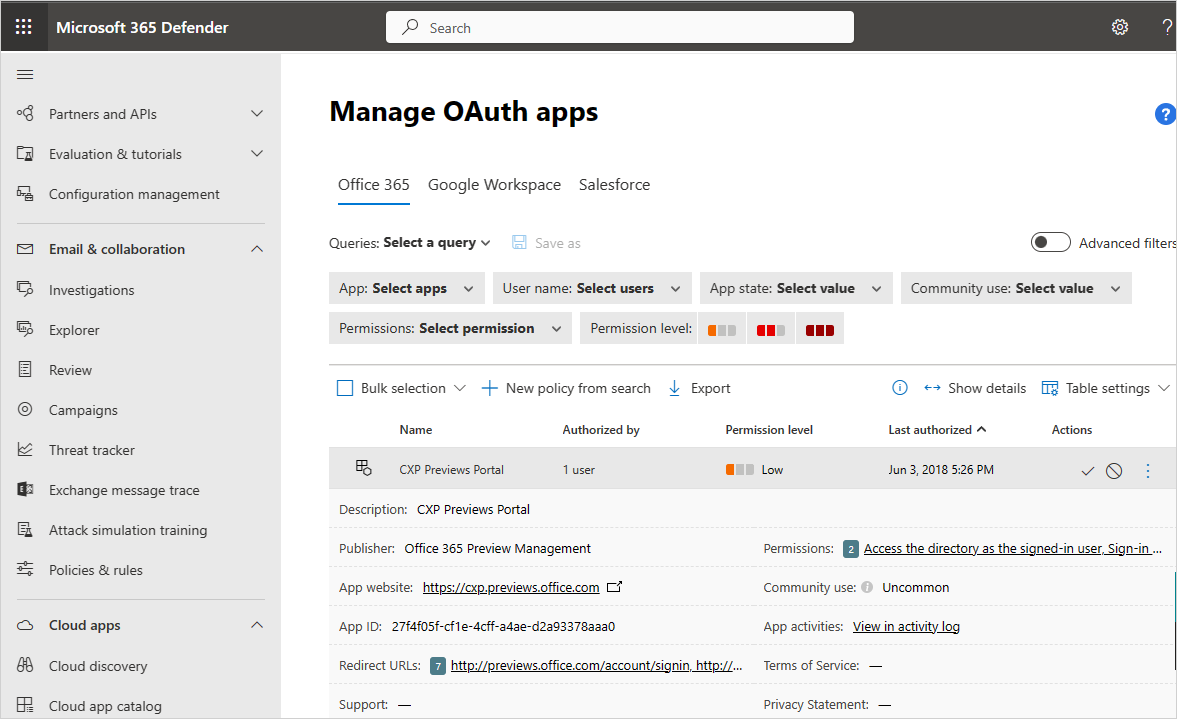 OAuth app drawer.