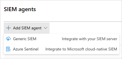 Screenshot showing Add SIEM integration menu.