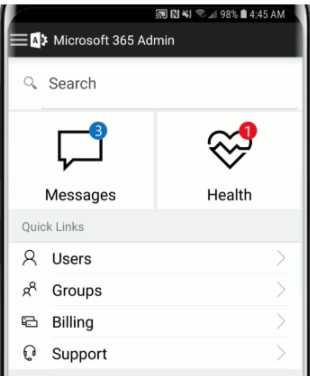 Screenshot of the Microsoft 365 admin mobile app.