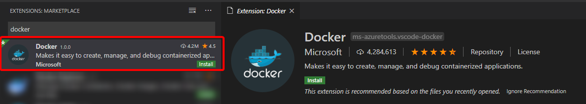 View of the Docker extension for VS Code.