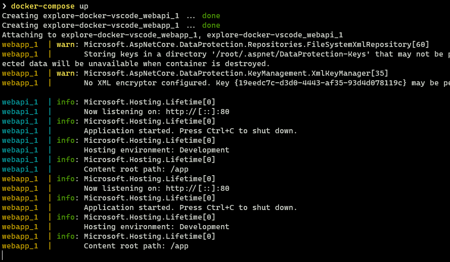 Console output from the docker-compose up command.