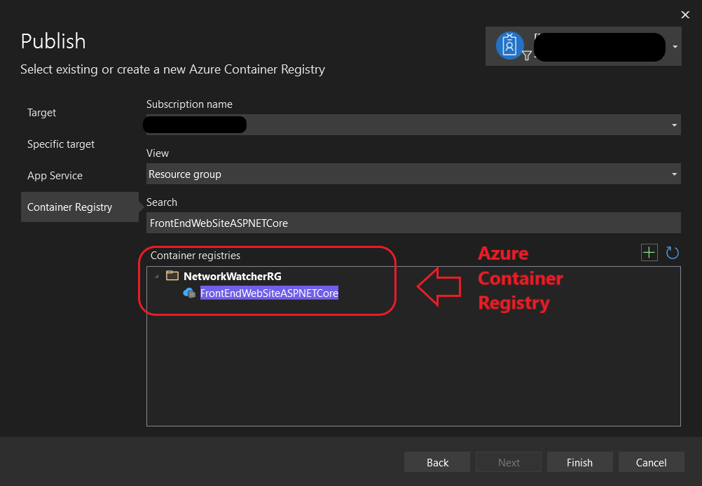 Screenshot of Create App Service dialog showing a Container Registry.