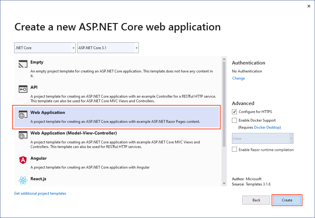 Screenshot of creating a new ASP.NET Core web application