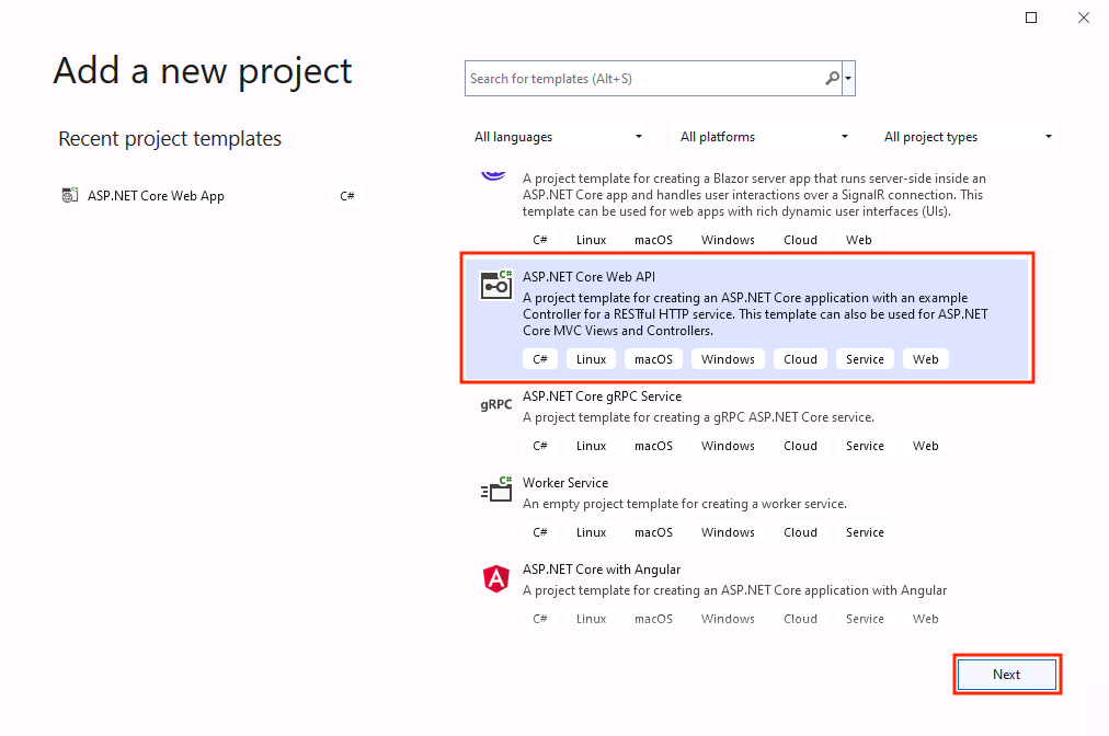 Screenshot of creating a new Web API project