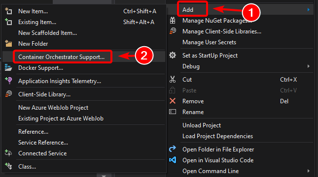 Screenshot showing the Container Orchestrator Support option in the project context menu.