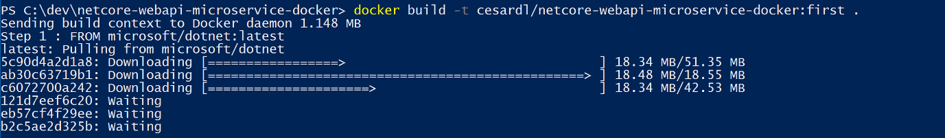 Screenshot showing the console output of the docker build command.