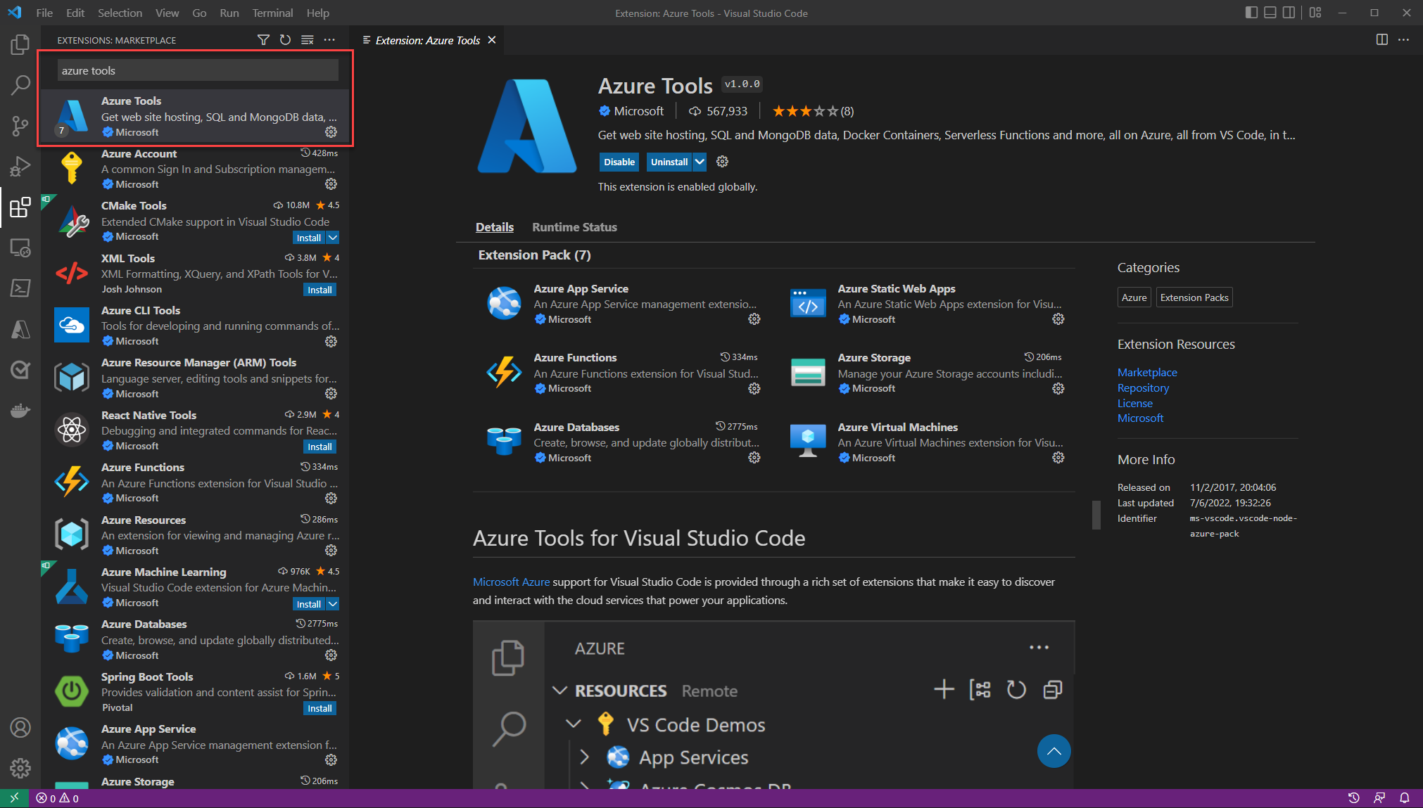 Screenshot of the Visual Studio Code showing extensions panel searching for the Azure Tools extension pack