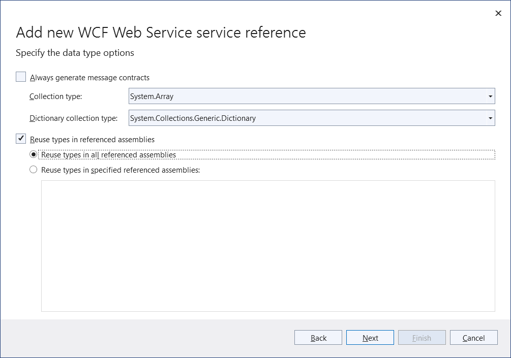 Visual Studio Data type options tab for .NET Core