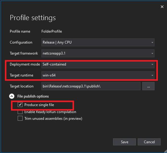 Screenshot shows Profile settings dialog with Deployment mode, Target runtime, and Produce single file options highlighted.