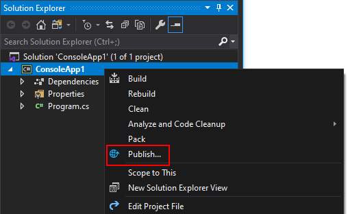 Screenshot shows Solution Explorer with a context menu highlighting the Publish option.