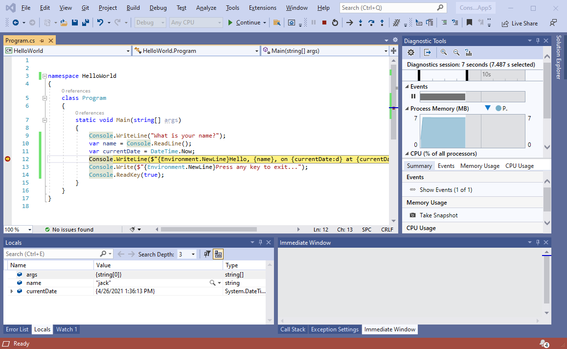 Screenshot of a breakpoint in Visual Studio