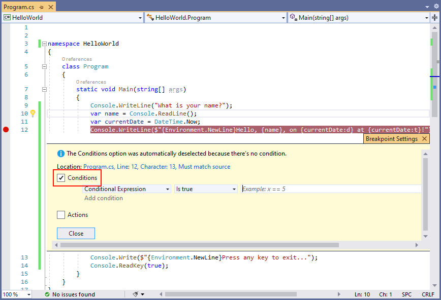 Editor showing breakpoint settings panel - C#