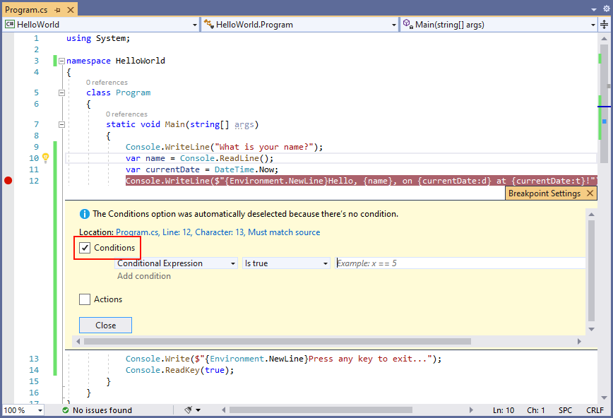 Editor showing breakpoint settings panel - C#