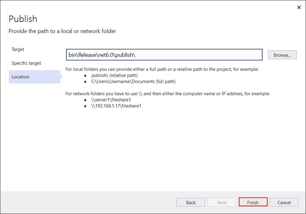 Visual Studio Publish page Location tab