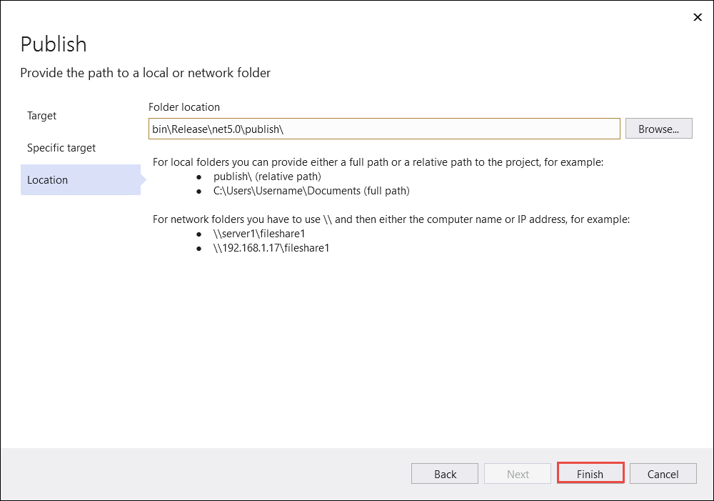 Visual Studio Publish page Location tab