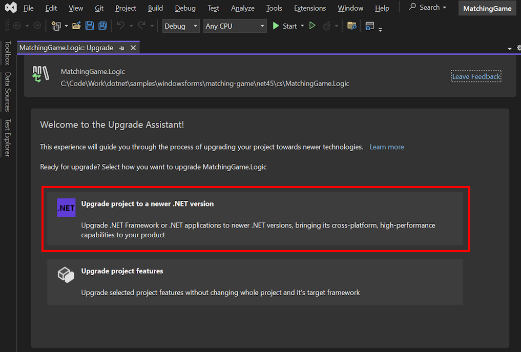 A screenshot of the .NET Upgrade Assistant tab. The 'Upgrade project to a newer .NET version' option is highlighted.