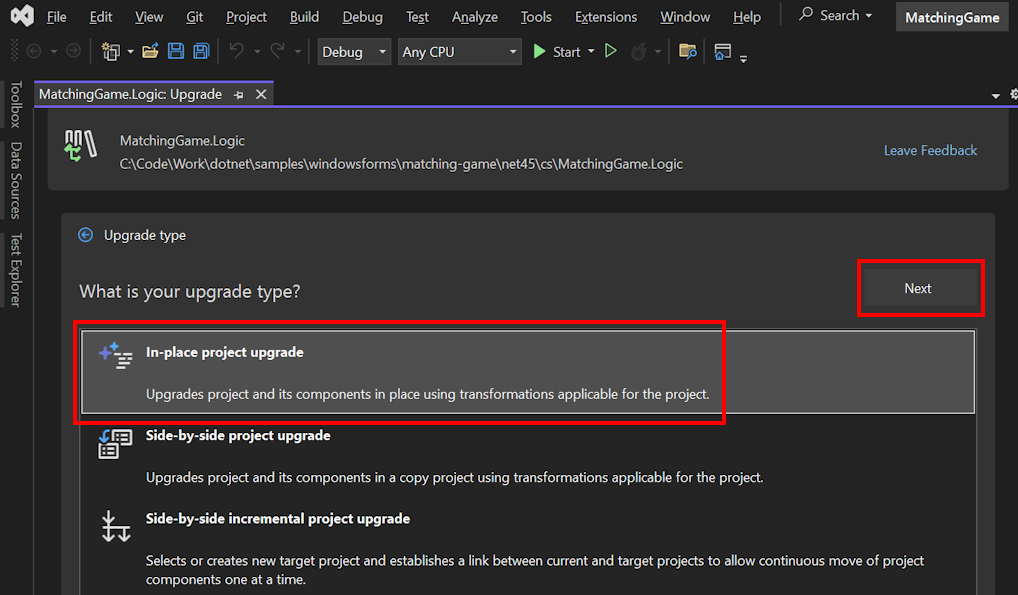 A screenshot of the .NET Upgrade Assistant tab. The 'In-place project upgrade' option is highlighted.