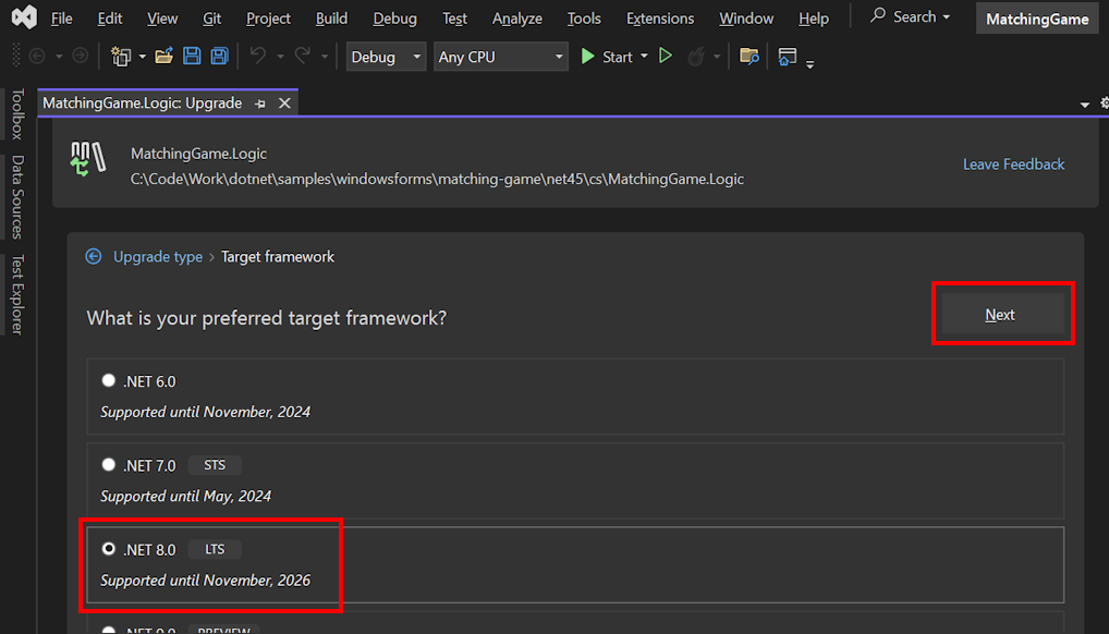 A screenshot of the .NET Upgrade Assistant. The target framework ptompt is open and .NET 8 is highlighted along with the 'Next' button.