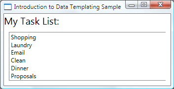Screenshot of the Introduction to Data Templating Sample window showing the My Task List ListBox displaying a list of tasks.