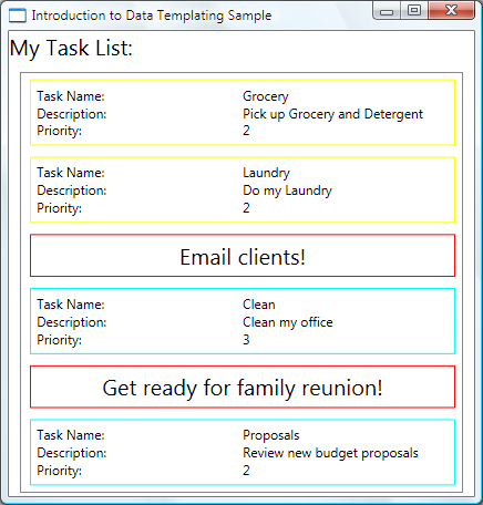 Screenshot of Introduction to Data Templating Sample window showing the My Task List ListBox with the Priority 1 tasks prominently displayed with a red border.