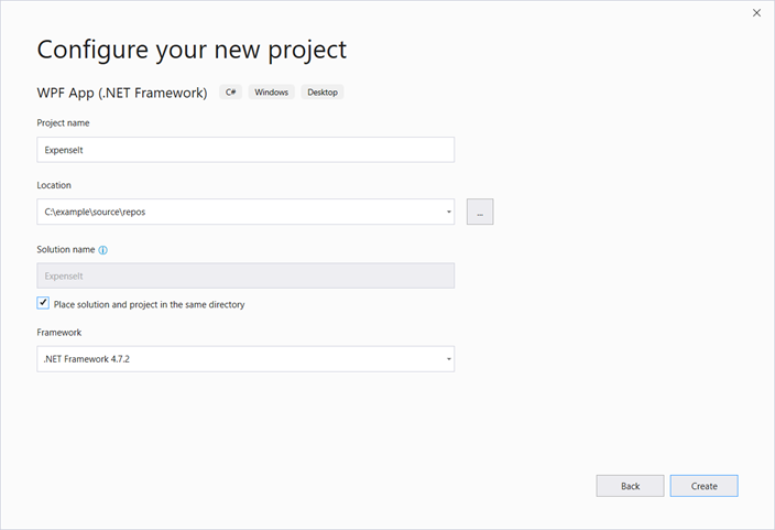 Configure a new project dialog