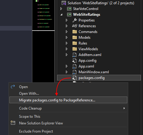 The Solution Explorer's context menu in Visual Studio, displaying the 'Migrate packages.config' item.