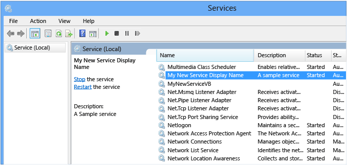 MyNewService in the Services window.